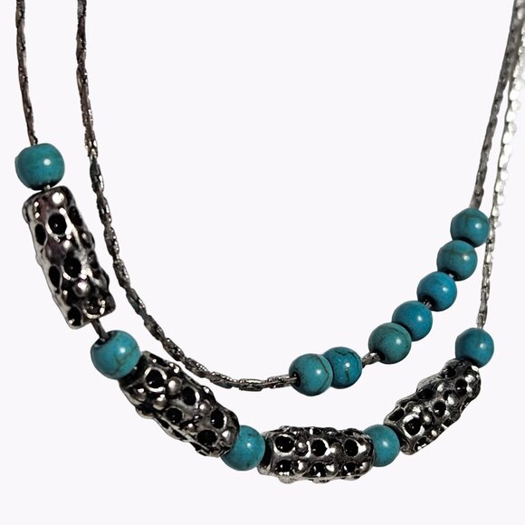 Erica Lyons Turquoise Silver Tone Beaded Multi Strand Necklace Fashion Jewelry - Picture 2 of 7